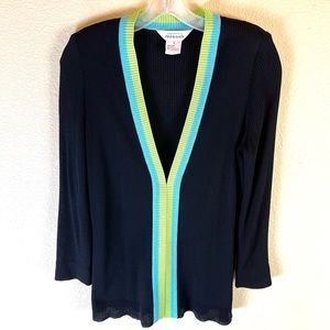 Exclusively Misook Black Green/Blue Trim Long Sleeve Cardigan Sz S